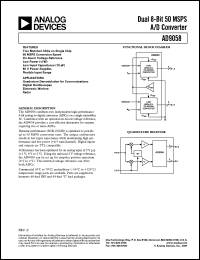 AD9058AKJ datasheet: 1.5-2.5V; 20mA; dual 8-bit 50 MSPS A/D converter. For quadrature demodulation for communication, digital oscilloscopes AD9058AKJ