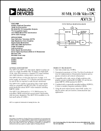 ADV7128KR50 datasheet: +7V; CMOS 50MHz, 10-bit video DAC. For high resolution color graphics, CAE/CAD/CAM applications, image processing, instrumentation, video signal reconstruction ADV7128KR50