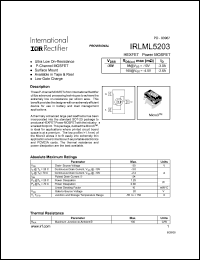 IRLML5203 datasheet: P-channel power MOSFET, 30V, 3A IRLML5203