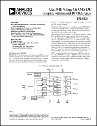 DAC8426EP datasheet: 0.3-17.0V; quad 8-bit voltage out CMOS DAC complete with internal 10V reference. For process controls, multichannel microprocessor controlled: system calibration, Op Amp offset and gain adjust, level and thershold setting DAC8426EP