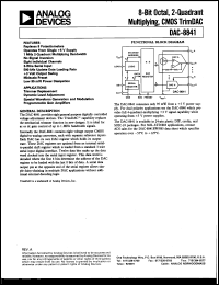 DAC8841FS datasheet: 0.3-7.0V; octal 8-bit, 2-quadrant multiplying, CMOS trimDAC. For dynamic level adjustment, trimmer replacement DAC8841FS