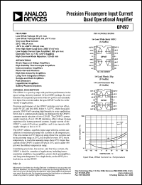 OP497AY datasheet: 20V; precision picoampere input current quad operational amplifier. For strain gage and bridge amplifiers, high stability thermocouple amplifiers, instrumentation amplifiers OP497AY