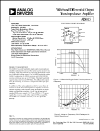 AD8015AR datasheet: 12V; 10mA; wideband/differential output transimpedance amplifier. For fiber optic recivers: SONET/SDH, FDDI, fibre channel AD8015AR