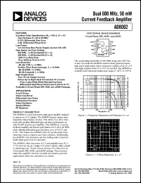 AD8002ARM-REEL7 datasheet: 13.2V; 10mA; dual 600MHz, 50mW current feedback amplifier. For A-to-D driver, video line driver, differential line driver AD8002ARM-REEL7