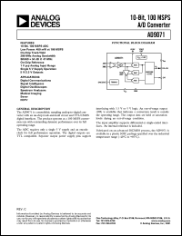 AD9071/PCB datasheet: 6V; 10mA; 10-bit, 100MSPS A/D converter. For digital communications, signal intelligence AD9071/PCB