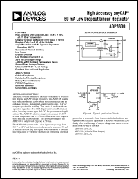 ADP3300ART-3.2 datasheet: 0.3-16V; high accuracy anyCAP 50mA low dropout linear regulator. For cellular telephones, notebook, palmtop computers, battery powered systems, PCMCIA regulators, bar code scanners, camcoders, cameras ADP3300ART-3.2