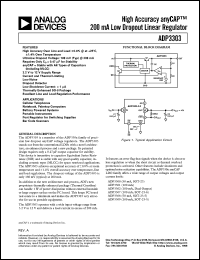 ADP3303AR-3 datasheet: 0.3-16V; high accuracy anyCAP 200mA low dropout linear regulator. For cellular telephones, notebook, palmtop computers, battery powered systems, PCMCIA regulators, bar code scanners, camcoders, cameras ADP3303AR-3
