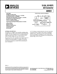 AD9051BRS-2V datasheet: 7V; 20mA; 10-bit, 60MSPS A/D converter. For medical imaging, digital communications AD9051BRS-2V