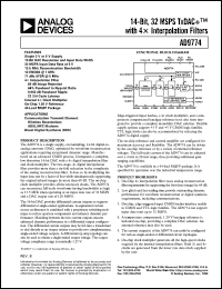 AD9774AS datasheet: 14-bit, 32MSPS TxDAC with 4X interpolation filter. For communications transmitt channel: wireless basestations, ADSL/HFC modems, direct digital synthesis (DDS) AD9774AS