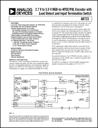 AD723ARU-REEL datasheet: 2.7-5.5V; 800mW; RGB-to-NTSC/PAL encoder with load detect and input termination switch. For TV out for personal computers/laptops, digital cameras, set-top boxer, video games and internet appliances AD723ARU-REEL