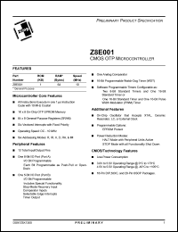 Z8E00110PSC datasheet: CMOS OTP Microcontroller, 1Kb ROM, 64b RAM, 10MHz Z8E00110PSC