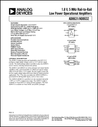 AD8632AR datasheet: 1.8V; 5MHz rail-to-rail low power operational amplifier. For portable communications, portable phones, sensor interface, active filters, PCMCIA cards, ASIC input drivers AD8632AR