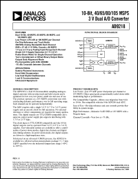 AD9218BST-40 datasheet: 3V; 500mW; 10-bit dual A/D converter. For battery-powered instruments, hand-held scopemeters, low cost digital oscilloscopes AD9218BST-40