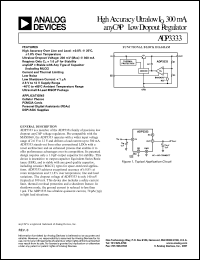ADP3333ARM-1.8 datasheet: 0.3-16V; high accuracy ultralow Iq, 300mA, anyCAP low dropout regulator. For cellular phones, PCMCIA cards, personal digital assistants (PDAs), DSP/ASIC supplies ADP3333ARM-1.8