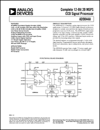 AD9844AJST datasheet: 0.3-3.9V; complete 12-bit, 20MSPS CCD signal processor. For digital video camcoders, digital still cameras, PC cameras AD9844AJST