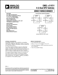 ADG621BRM datasheet: 13V; CMOS +-5V/+5V, 4OHm dual SPDT switch. For outomatic test equipment, power routing, communication systems, data acquisition systems, etc. ADG621BRM