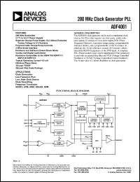 ADF4001BRU datasheet: 0.3-7V; 200MHz clock generator PLL. For clock generation, low frequency PLLs, low filter clock source, clock smooting, frequency translation, SONET, ATM, ADM, DSLAM, SDM ADF4001BRU