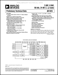AD1835AS datasheet: 0.3-6V; 2ADC, 8DAC, 96kHz, 24-bit codec. For DVD video and audio players, home theater systems, automotive audio systems, audio/visual receivers and digital audio effects processors AD1835AS