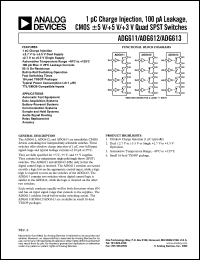 ADG611YRU datasheet: 1pC charge injection, 100pA leakage, CMOS +-5V/+5V/+3V quad SPST switch. For automatic test equipment, data acquisition systems, battery-powered systems, communication systems, sample and hold systems, audio signal routing ADG611YRU