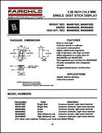 MAN6480E datasheet: 0.56 INCH (14.2MM) SINGLE DIGIT STICK DISPLAY MAN6480E