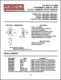 MSA5460C datasheet: 0.5 INCH (12.7MM) 16 SEGMENT, SINGLE DIGIT ALPHA - NUMERIC STICK DISPLAY MSA5460C