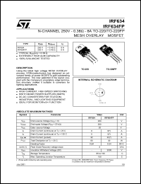 IRF634FP datasheet: N-CHANNEL 250V 0.38 OHM 8A TO-220/TO-220FP MESH OVERLAY MOSFET IRF634FP