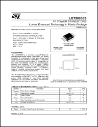 LET20030S datasheet: RF POWER TRANSISTORS LDMOS ENHANCED TECHNOLOGY IN PLASTIC PACKAGE LET20030S