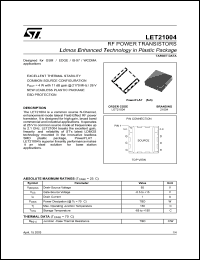 LET21004 datasheet: RF POWER TRANSISTORS LDMOS ENHANCED TECHNOLOGY IN PLASTIC PACKAGE LET21004