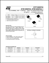 STB100NF04 datasheet: N-CHANNEL 40V 0.0043 OHM 120A TO-220/D2PAK/I2PAK STRIPFET II POWER MOSFET STB100NF04