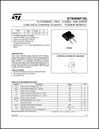STB40NF10L datasheet: N-CHANNEL 100V 0.028 OHM 40A D2PAK LOW GATE CHARGE STRIPFET POWER MOSFET STB40NF10L