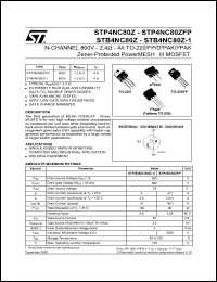 STB4NC80Z-1 datasheet: N-CHANNEL 800V 2.4 OHM 4A TO-220 TO-220FP D2PAK I2PAK ZENER PROTECTED POWERMESH III MOSFET STB4NC80Z-1