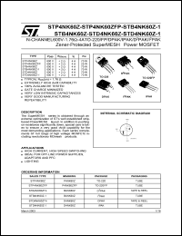 STB4NK60Z datasheet: N-CHANNEL 600V - 1.76 OHM - 4A TO-220/TO-220FP/DPAK/IPAK/D2PAK/I2PAK ZENER-PROTECTED SUPERMESH POWER MOSFET STB4NK60Z