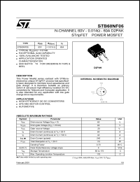 STB60NF06 datasheet: N-CHANNEL 60V 0.014 OHM 60A D2PAK STRIPFET POWER MOSFET STB60NF06