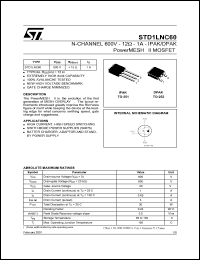 STD1LNC60-1 datasheet: N-CHANNEL 600V 12 OHM 1A DPAK/IPAK POWERMESH II MOSFET STD1LNC60-1