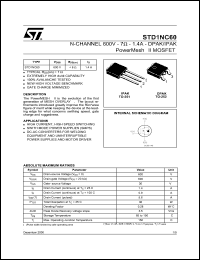 STD1NC60 datasheet: N-CHANNEL 600V 7 OHM 1.4A DPAK/IPAK POWERMESH II MOSFET STD1NC60