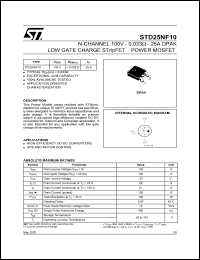 STD25NF10 datasheet: N-CHANNEL 100V 0.033 OHM 25A DPAK LOW GATE CHARGE STRIPFET POWER MOSFET STD25NF10