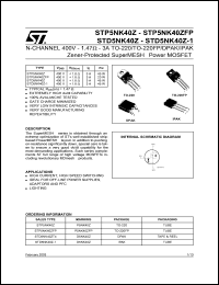 STD5NK40Z datasheet: N-CHANNEL 400V - 1.47 OHM - 3A TO-220/TO-220FP/DPAK/IPAK ZENER-PROTECTED SUPERMESH POWER MOSFET STD5NK40Z