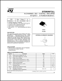 STD60NF3LL datasheet: N-CHANNEL 30V 0.0075 OHM 60A DPAK STRIPFET II POWER MOSFET STD60NF3LL