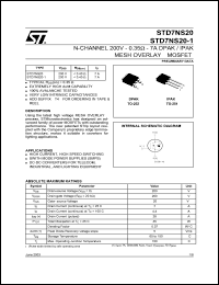 STD7NS20-1 datasheet: N-CHANNEL 200V - 0.35 OHM - 7A - DPAK/IPAK MESH OVERLAY MOSFET STD7NS20-1