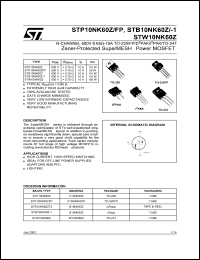 STP10NK60ZFP datasheet: N-CHANNEL 600V - 0.65 OHM - 10A TO-220/TO-220FP/D2PAK/I2PAK/TO-247 ZENER-PROTECTED SUPERMESH POWER MOSFET STP10NK60ZFP