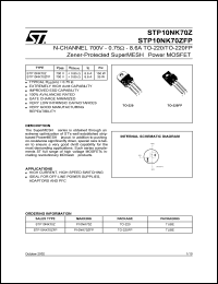 STP10NK70ZFP datasheet: N-CHANNEL 700 V - 0.75 OHM - 8.6 A TO-220/TO-220FP ZENER-PROTECTED SUPERMESH POWER MOSFET STP10NK70ZFP