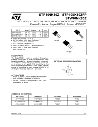 STP10NK80Z datasheet: N-CHANNEL 800V - 0.78 OHM - 9A TO-220/TO-220FP/TO-247 ZENER-PROTECTED SUPERMESH POWER MOSFET STP10NK80Z