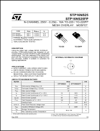 STP16NS25FP datasheet: N-CHANNEL 250V 0.23 OHM 16A TO-220/TO-220FP MESH OVERLAY MOSFET STP16NS25FP