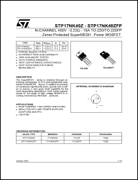 STP17NK40Z datasheet: N-CHANNEL 400 V - 0.23 OHM - 15 A TO-220/TO-220FP ZENER-PROTECTED SUPERMESH POWER MOSFET STP17NK40Z