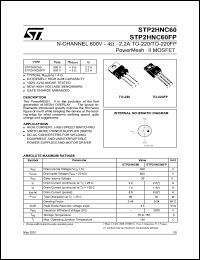 STP2HNC60 datasheet: N-CHANNEL 600V 4 OHM 2.2A TO-220/TO-220FP POWERMESH II MOSFET STP2HNC60