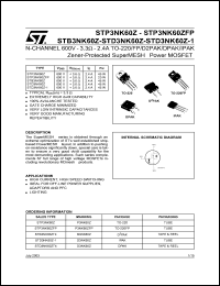 STP3NK60Z datasheet: N-CHANNEL 600V - 3.3 OHM - 2.4A TO-220/TO-220FP/D2PAK/DPAK/IPAK ZENER-PROTECTED SUPERMESH POWER MOSFET STP3NK60Z