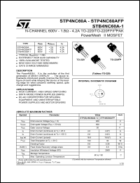 STP4NC60A datasheet: N-CHANNEL 600V 1.8 OHM 4.2A TO-220/TO-220FP/I2PAK POWERMESH II MOSFET STP4NC60A