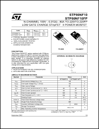 STP80NF10FP datasheet: N-CHANNEL 100V - 0.012 OHM - 80A TO-220/TO-220FP LOW GATE CHARGE STRIPFET II POWER MOSFET STP80NF10FP