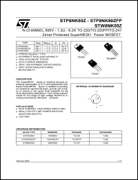 STP8NK80ZFP datasheet: N-CHANNEL 800V - 1.3 OHM - 6.2A TO-220/TO-220FP/TO-247 ZENER-PROTECTED SUPERMESH POWER MOSFET STP8NK80ZFP