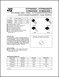 STP9NK60Z datasheet: N-CHANNEL 600V 0.85 OHM 7A TO-220/TO-220FP/D2PAK/I2PAK ZENER-PROTECTED SUPERMESH POWER MOSFET STP9NK60Z